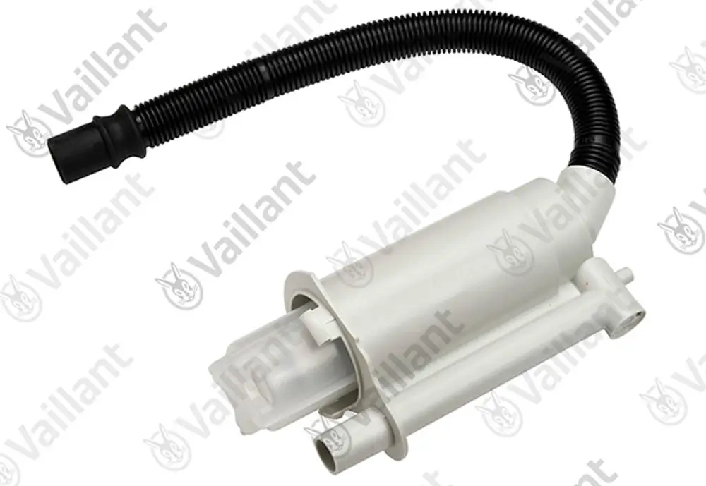 Weißer Siphon von Vaillant mit gebogenem Schlauch und Anschlussstücken für Sanitärinstallationen. Komponenten klar erkennbar, funktionales Design ohne zusätzliche Markierungen.
